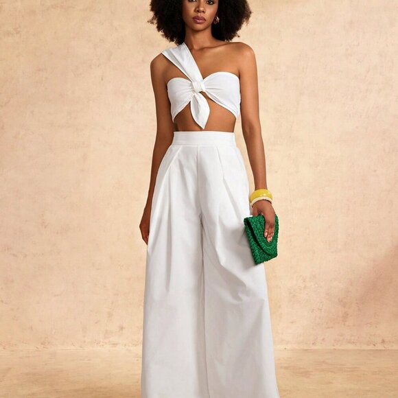 White Elegant Women's Beach Vacation One-Shoulder Chest Knotted crop top & pants
